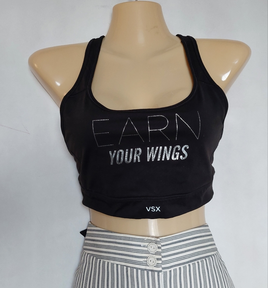 Black VSX Sports Bra with Silver Text